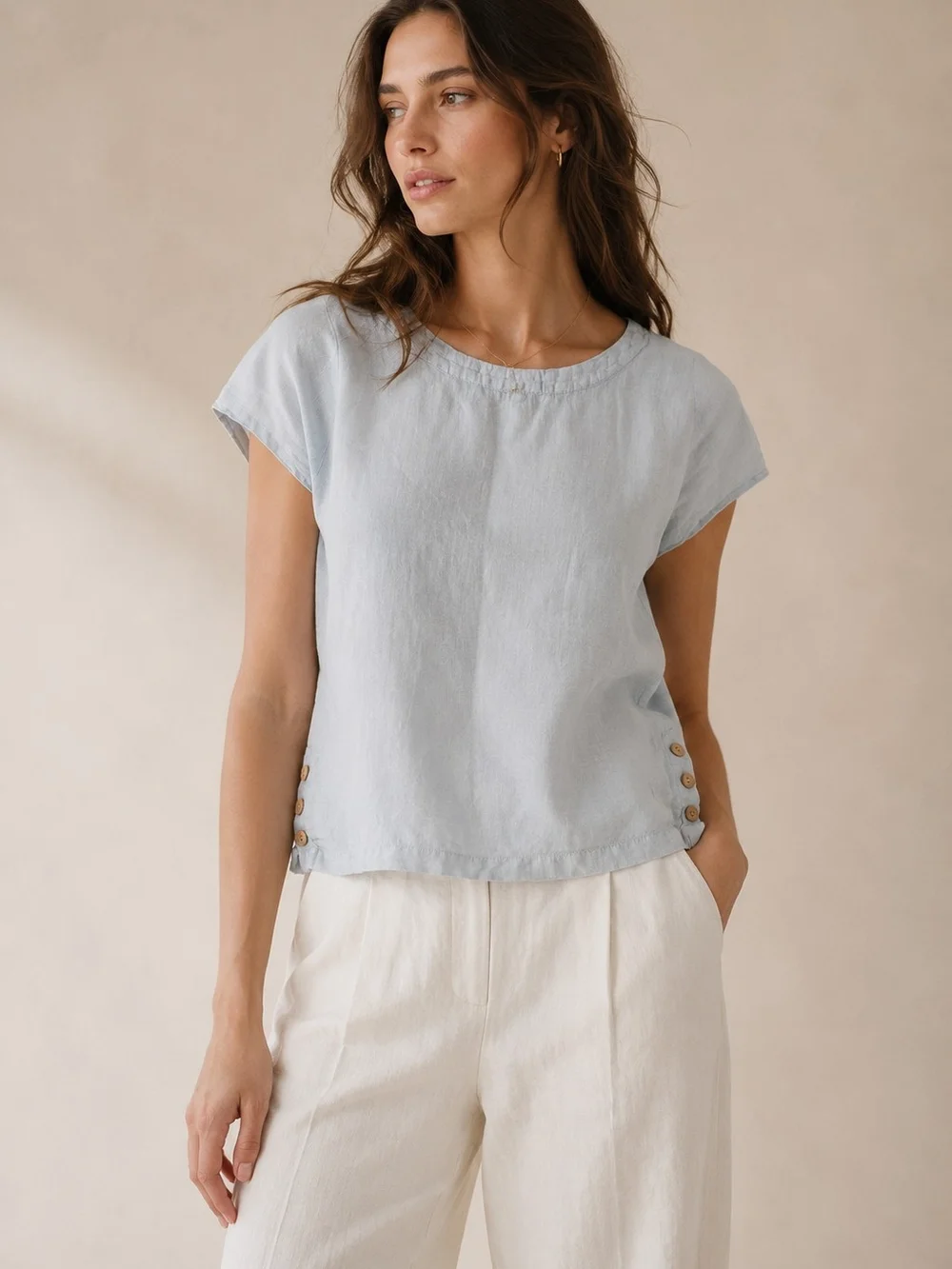 C&C 100% Linen Light Blue Blouse short sleeve Coastal Grandma Minimalist Summer - Picture 1 of 6